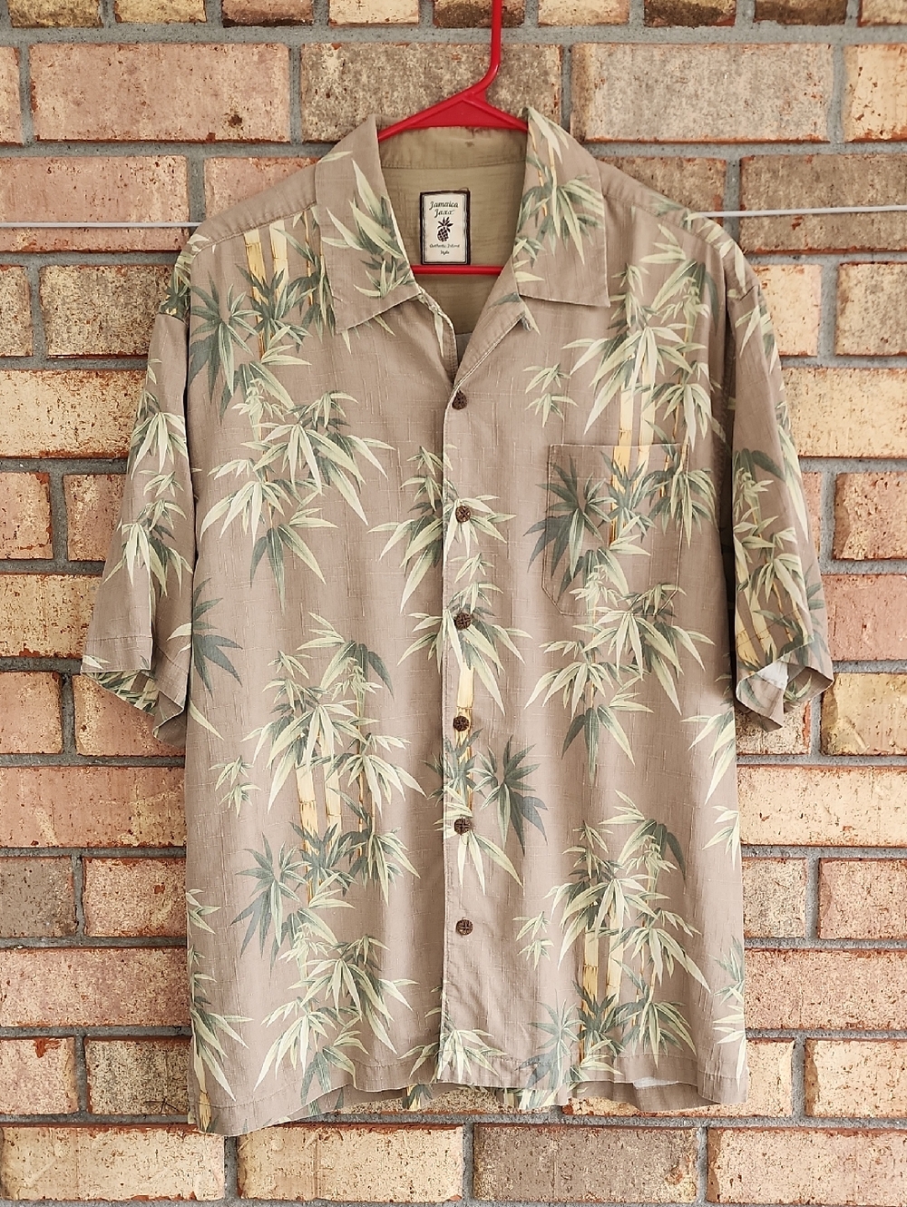 Jamaica Jaxx Size Large 100% Silk Island Style Men's Beige Bamboo Print SS Shirt